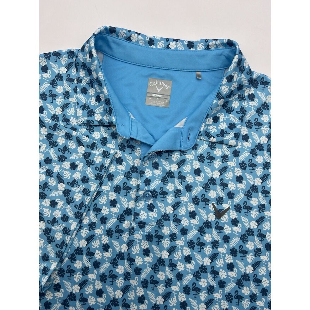 Callaway Opti Dri Mens Polo‎ Shirt Blue XL Floral Flamingo All Over Print
